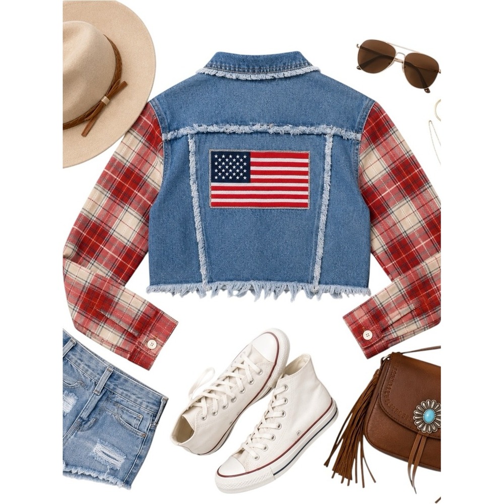 Miss Me American Flag Plaid Denim Cropped Jacket NWT Women's Small Oversized